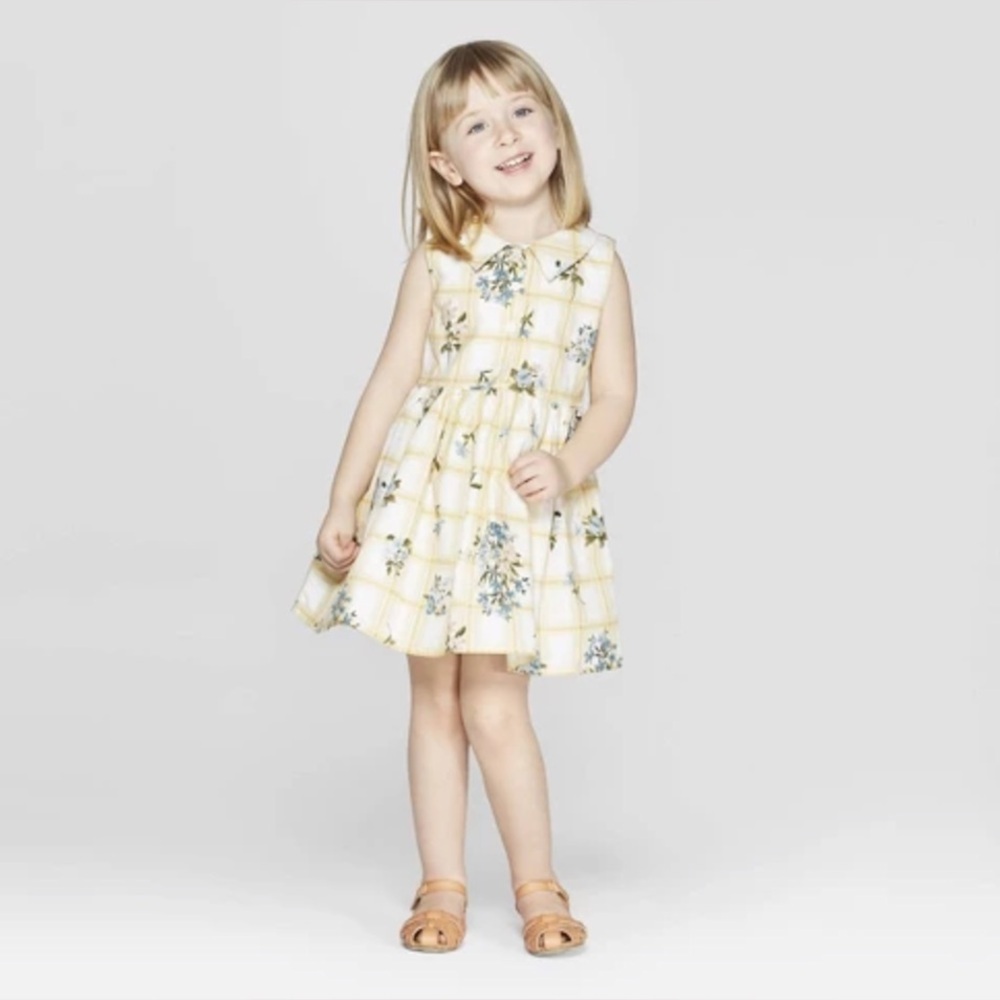 Milla & Emma Little Girls Yellow Floral Button Down Fit and Flare Dress Size 4T